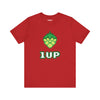 Close-up of the 8-bit hop cone design on the 1UP t-shirt.