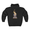 Back view of black zip-up hoodie showcasing a superhero brewmaster with mash paddle