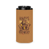 A side view of the Bates Brewery Can Cooler snugly wrapped around a slim 12 oz. can, showcasing its flexible neoprene fit.