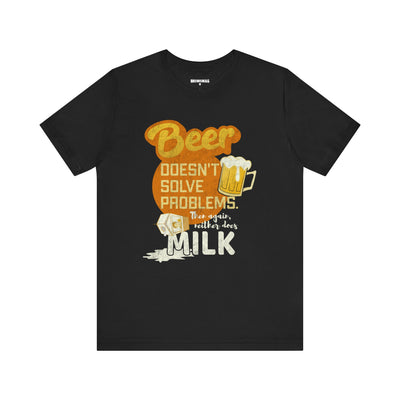 Front detail of the Beer Doesn’t Solve Problems design on a black T-shirt