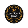 Beer Goes Here coaster showcasing bold typography and metallic gold flair