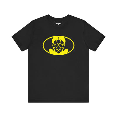 A black T-shirt featuring the BatHop Symbol, a parody of the Bat signal, perfect for beer enthusiasts and homebrewers.