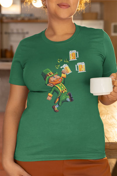 8-Bit Leprechaun St. Patrick's Day women’s t-shirt with retro design.