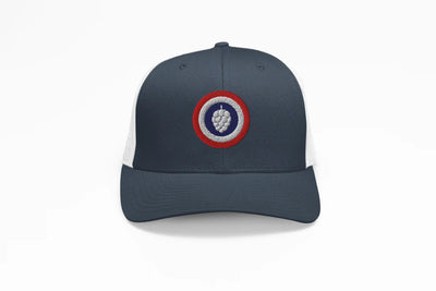 Navy and white trucker hat with red, white, and blue hop cone logo
