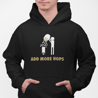 Stick figure brewing design on the front of the Add More Hops hoodie.