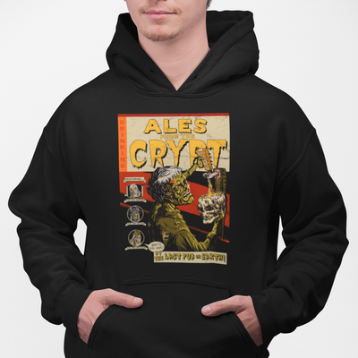 Ales From The Crypt hoodie with spooky design for beer lovers.