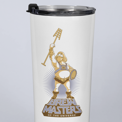 BrewMasters of the Universe 20oz travel mug featuring a homebrewing superhero